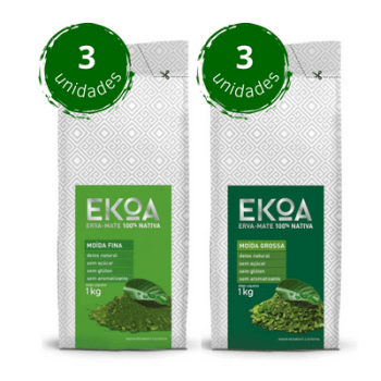 KIT 6 PACOTES de 1 kg de erva-mate EKOA (3 kg Moída Fina e 3 kg Moída Grossa)